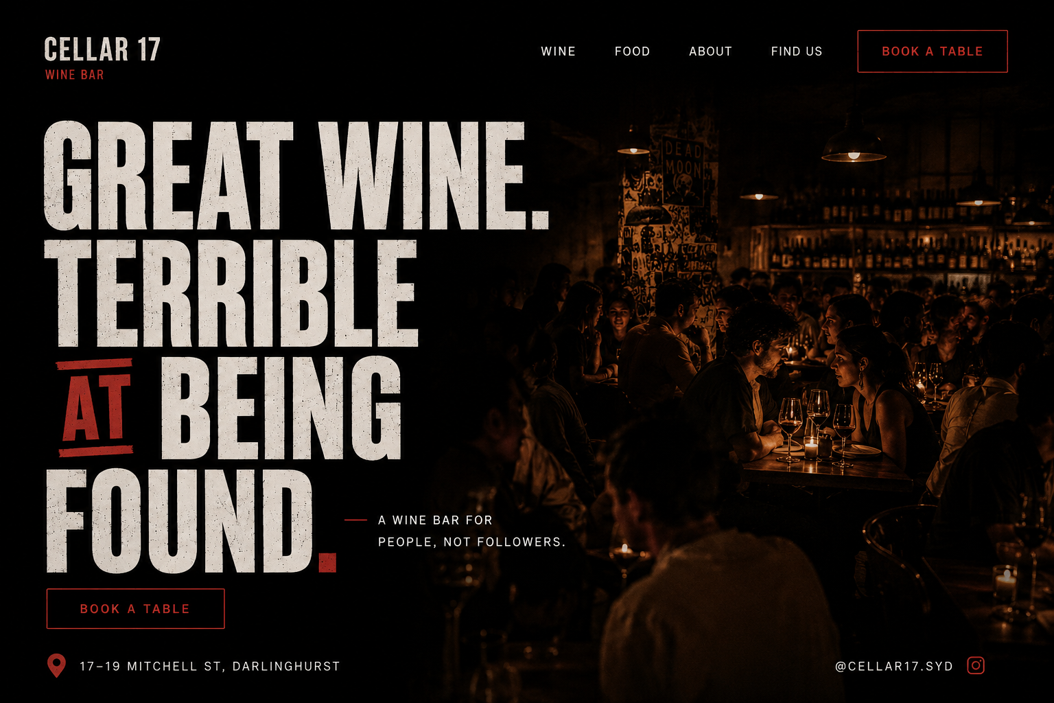 The Bar skin. Cinematic dark wine bar and speakeasy cocktail bar website mockup with candlelight, walnut, brass, and oxblood.